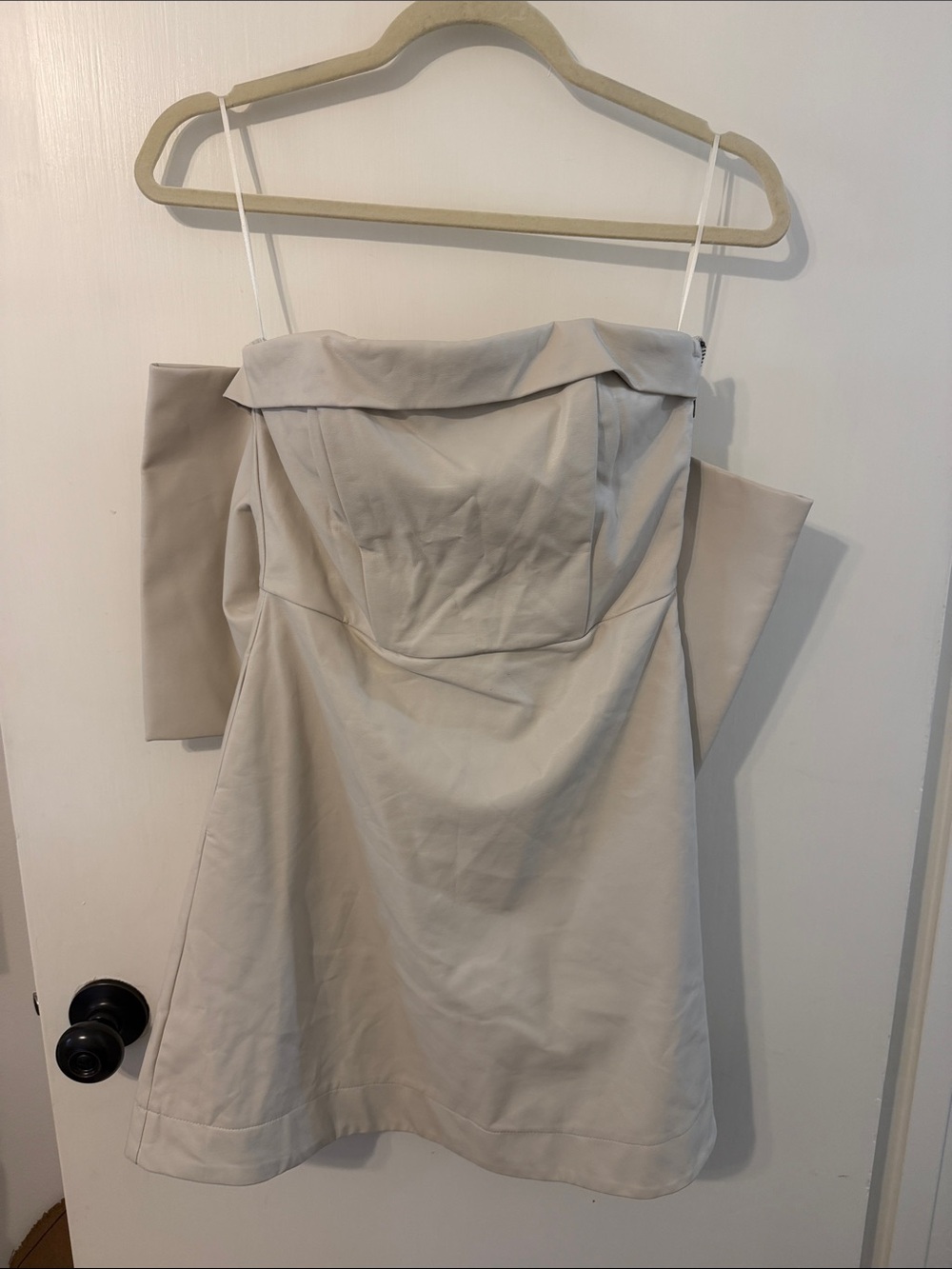 Small Strapless Mini Dress with Oversized Bow in back - Light Beige pleather